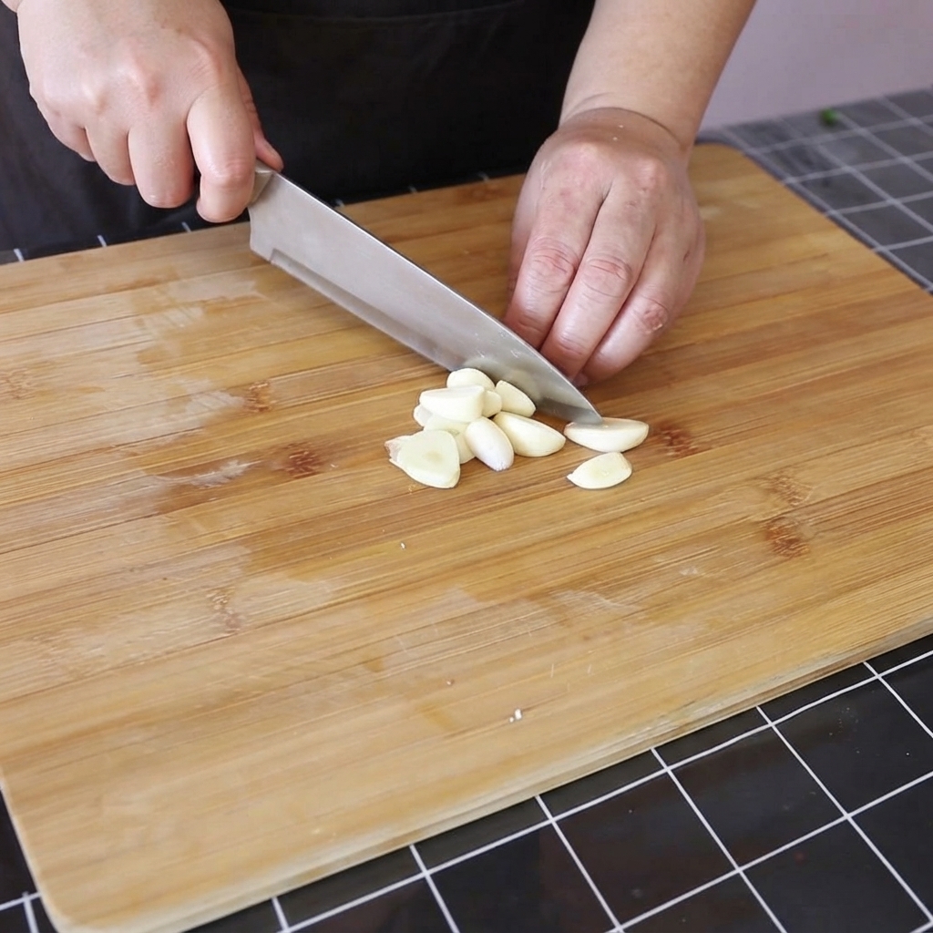 Garlic cloves arranged on a wooden cutting board ready for mincing.