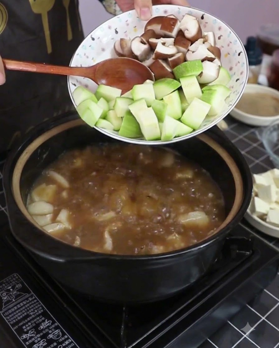 Zucchini chunks and shiitake mushrooms being tipped from a patterned plate into the bubbling stew.