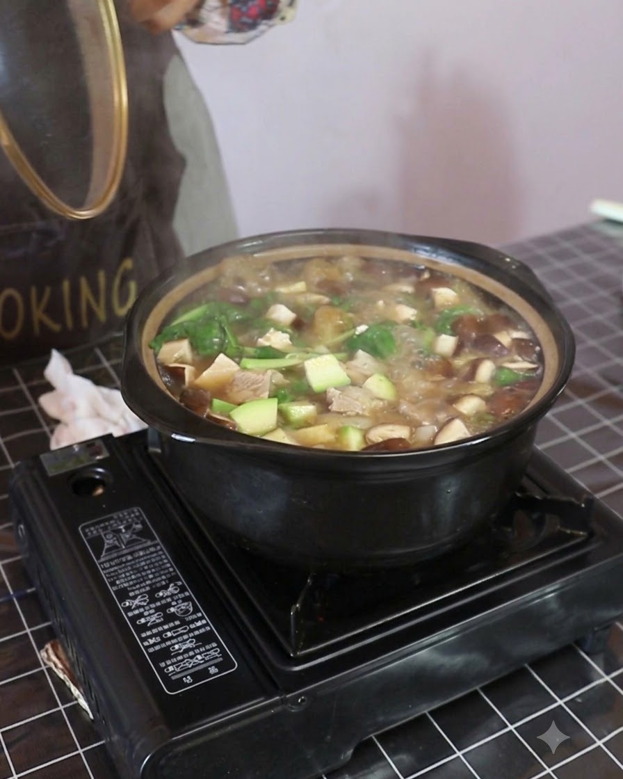 A spoonful of seasoning powder being sprinkled into the bubbling black pot of stew.