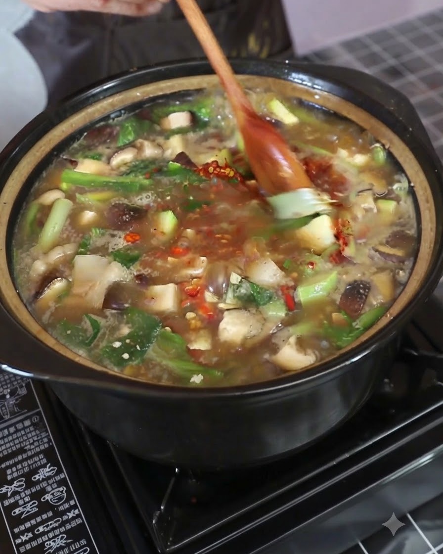 Chili flakes being stirred into the bubbling stew with a wooden spoon.