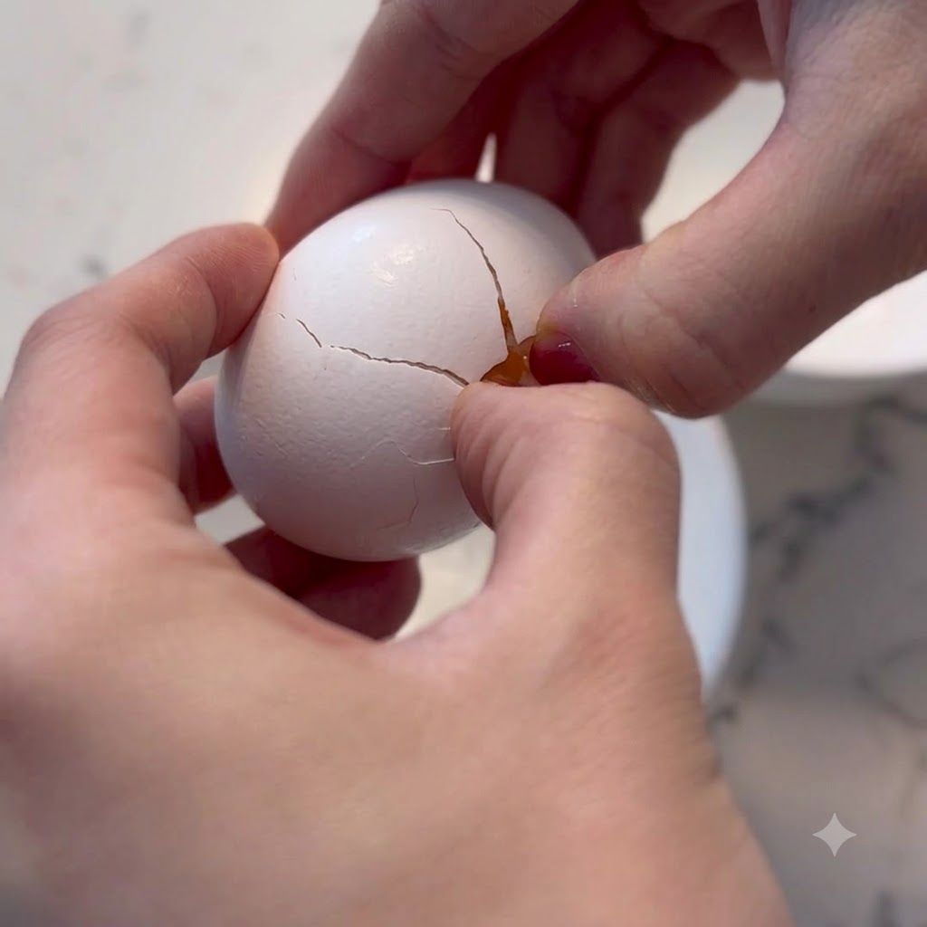 A pair of hands cracking an egg to separate the yolk from the white into separate white bowls.