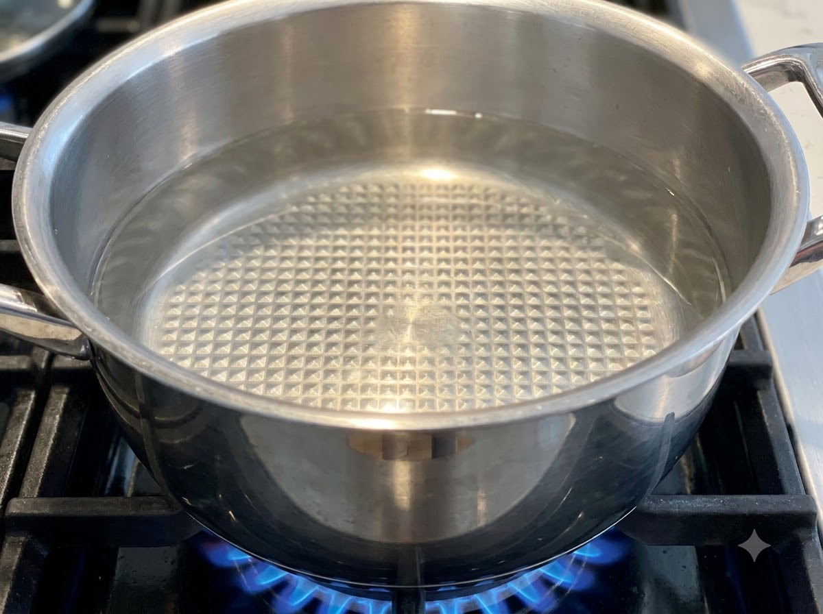 A stainless steel pot filled with water sitting on a gas stove burner with blue flames underneath.