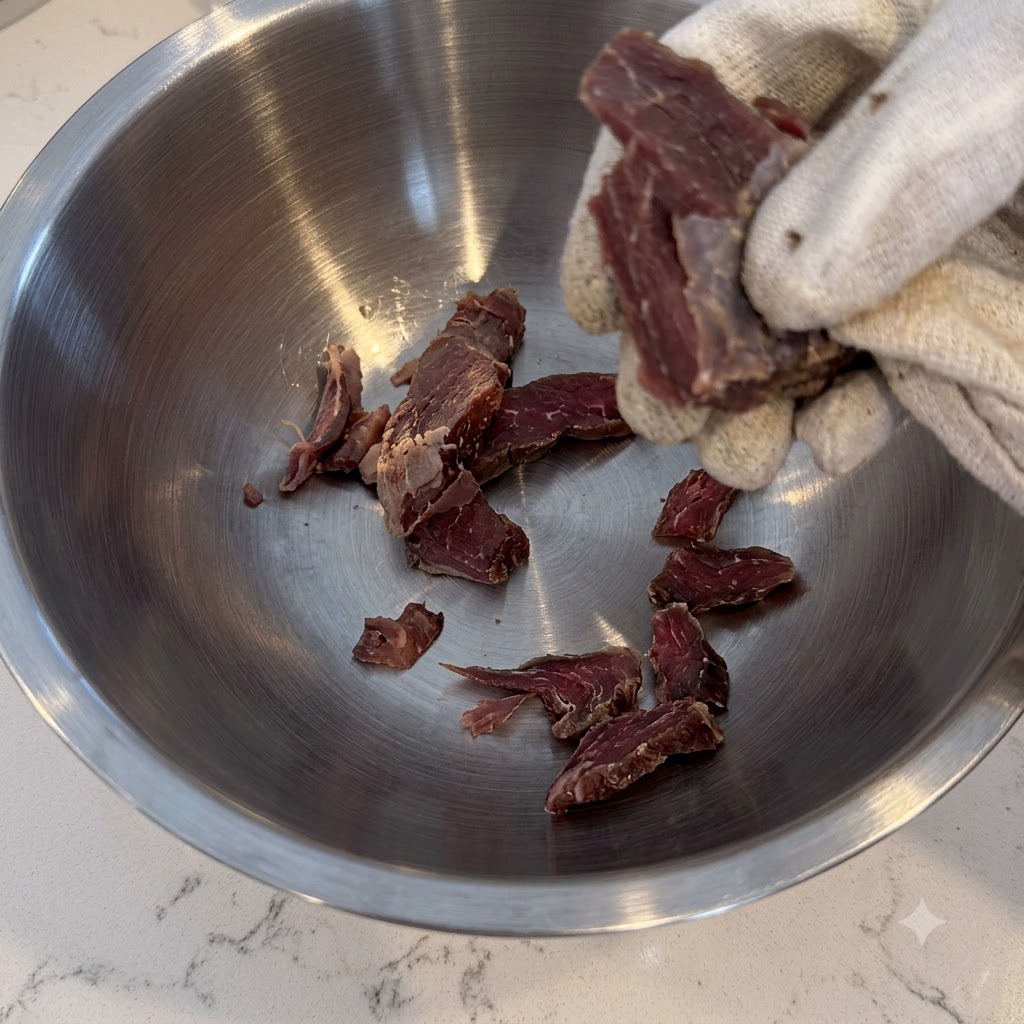 A person wearing a white protective glove tearing apart cooked beef pieces into a metal mixing bowl.
