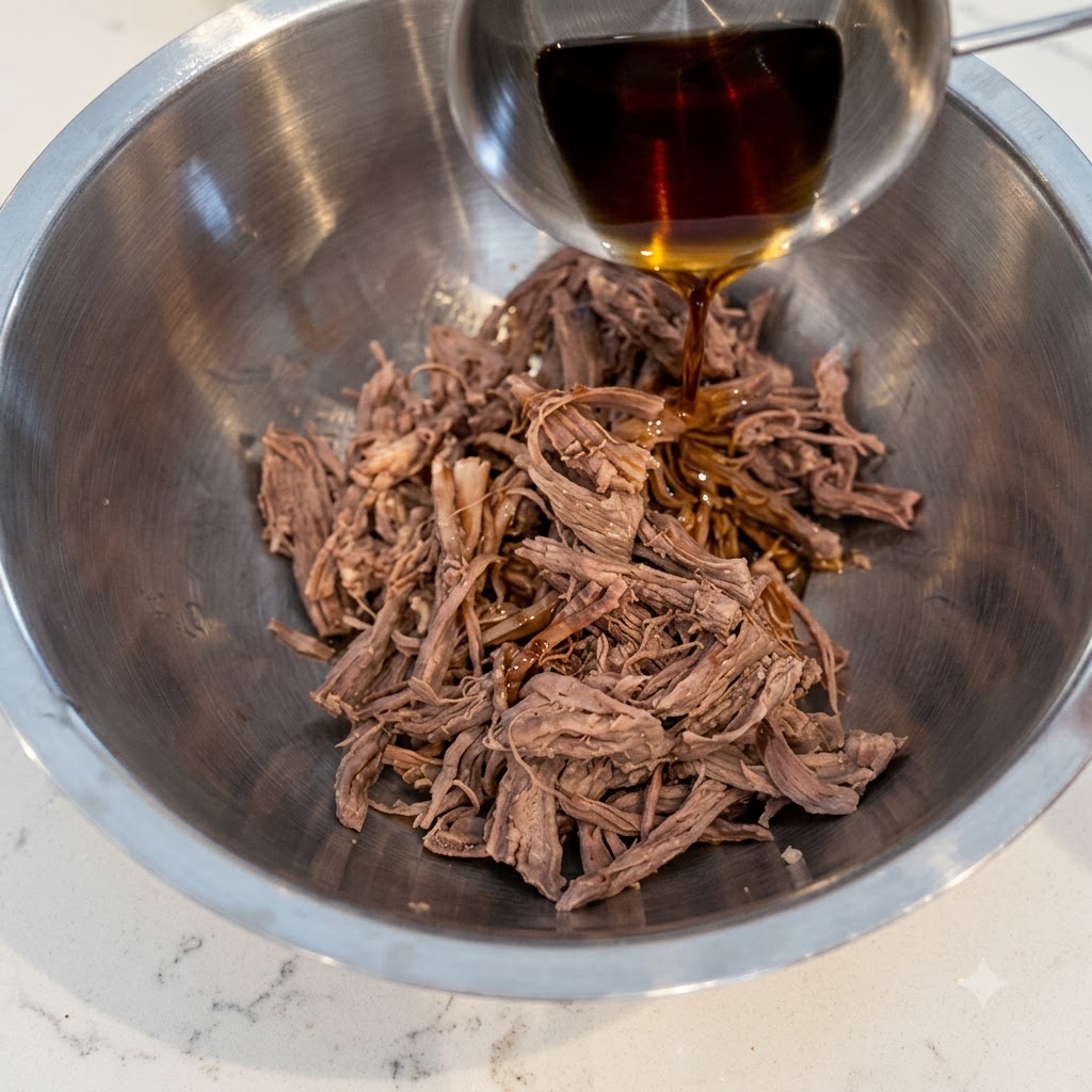 A ladle pouring dark seasoning sauce from above into a metal bowl filled with shredded beef.