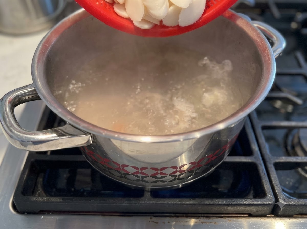 A red strainer dropping white rice cake slices into a pot of boiling broth on a stove.
