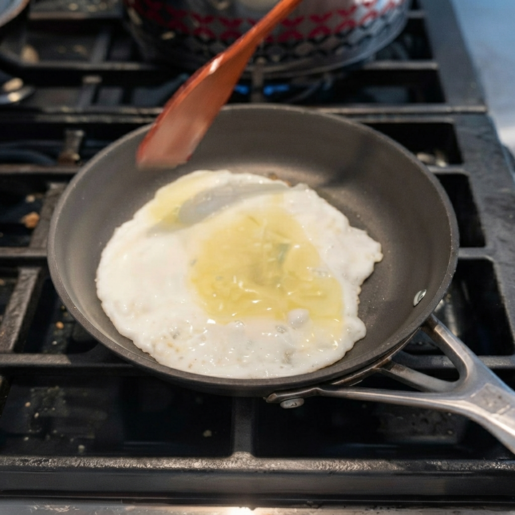 A wooden spatula spreading beaten egg mixture cooking in a small dark frying pan on a stove burner.