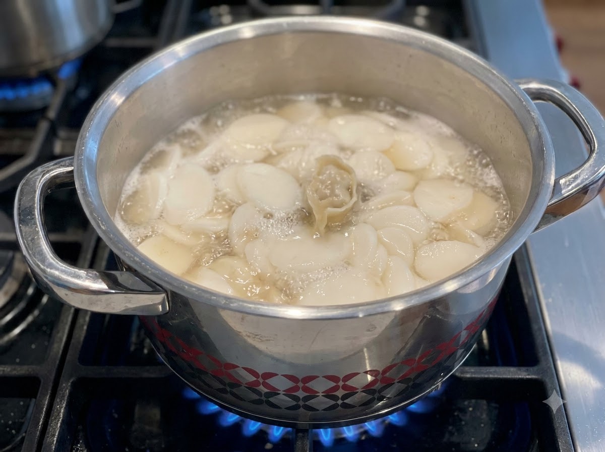 Dumplings being dropped into a pot of boiling rice cake soup on a stovetop burner.