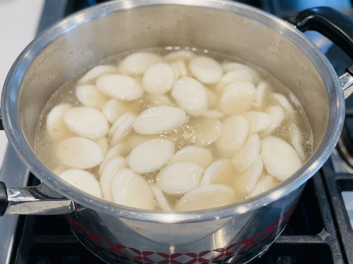Seasoned shredded beef and chopped green onions being added into a pot of rice cake soup.