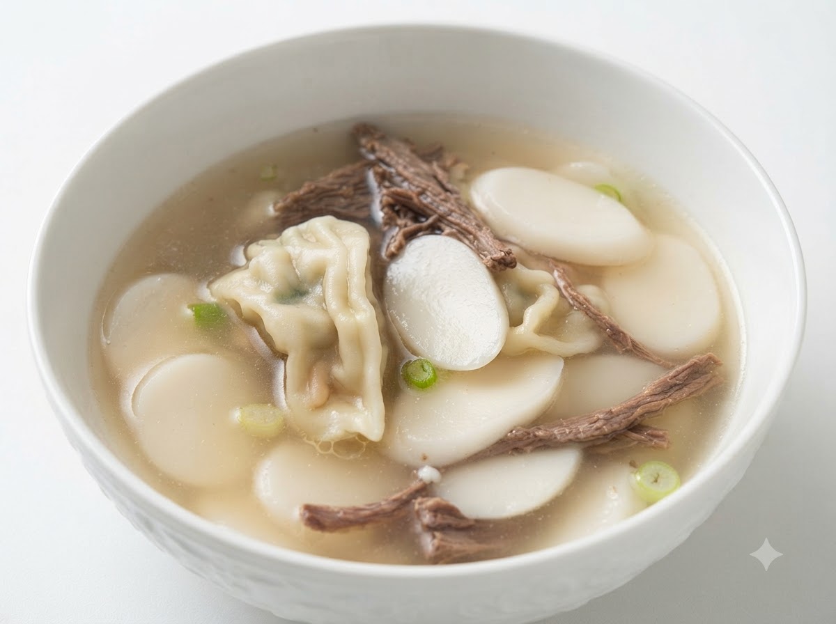 Cooked rice cakes, dumplings, and broth being ladled into a white serving bowl.