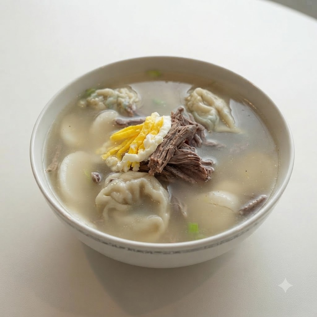 A bowl of Korean rice cake soup garnished with egg strips, shredded beef, green onions, and seaweed flakes.