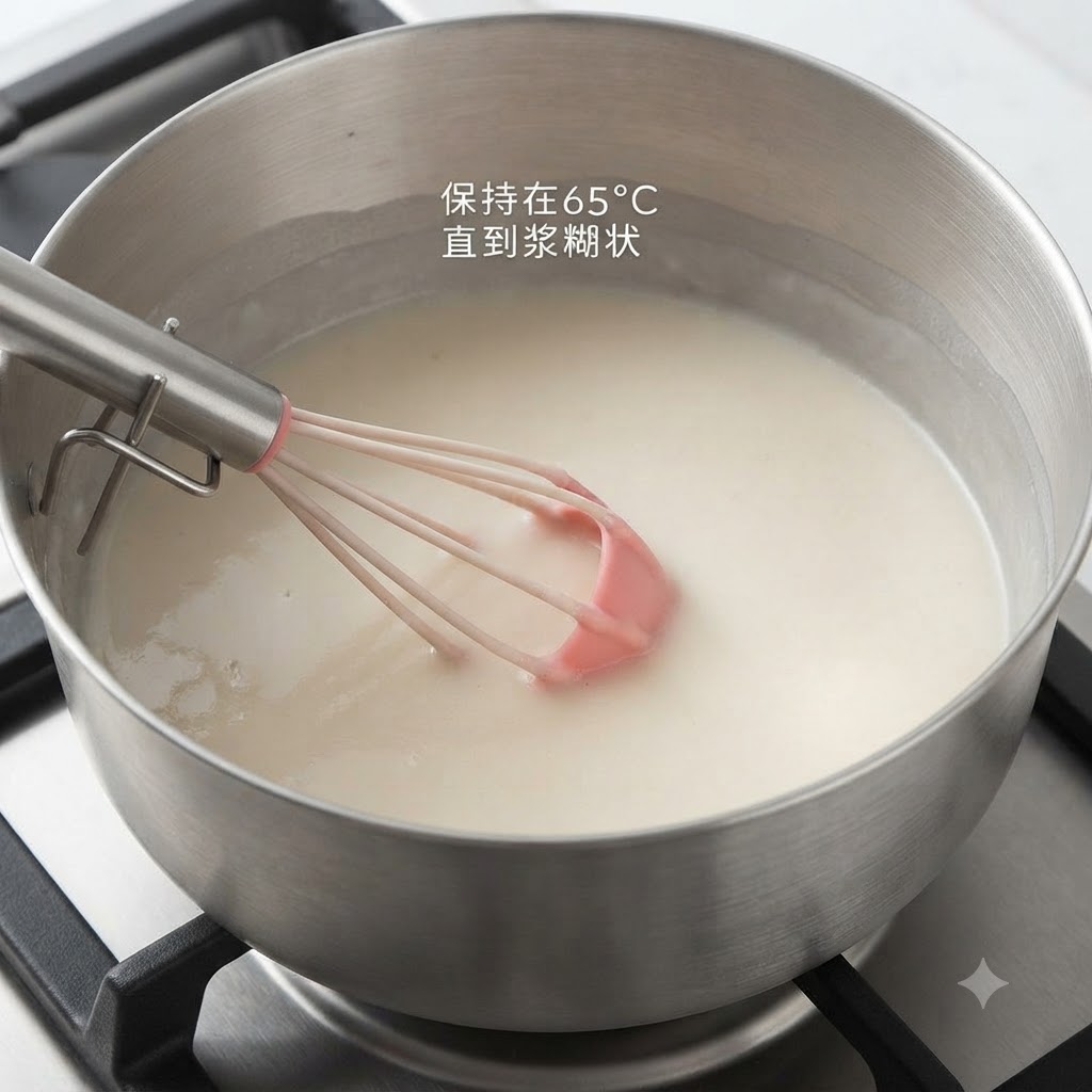 A whisk stirring a smooth white liquid mixture in a saucepan on a stove over heat.