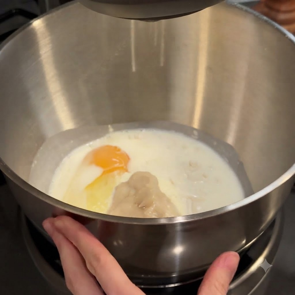 An egg, tangzhong, and milk mixture inside a metal stand mixer bowl.