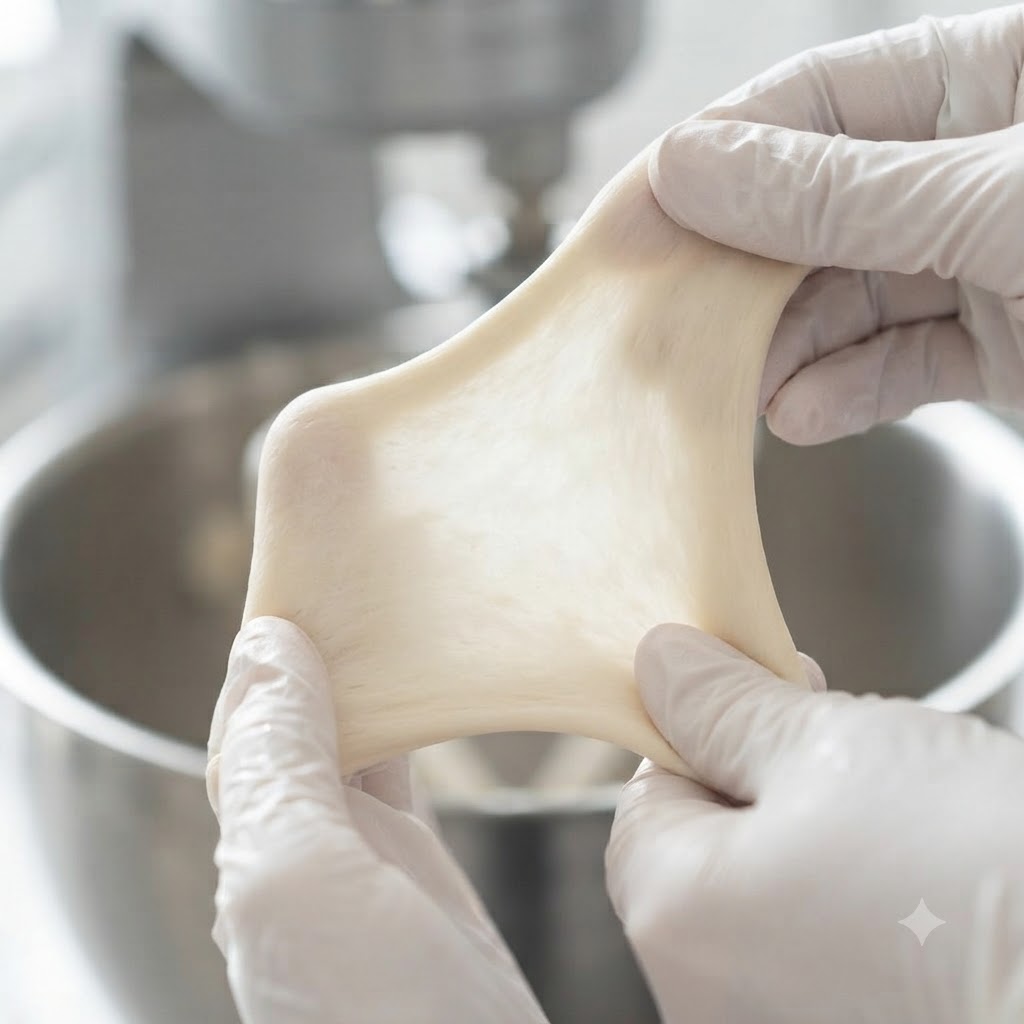 Gloved hands stretching a piece of smooth bread dough to check for the windowpane effect.