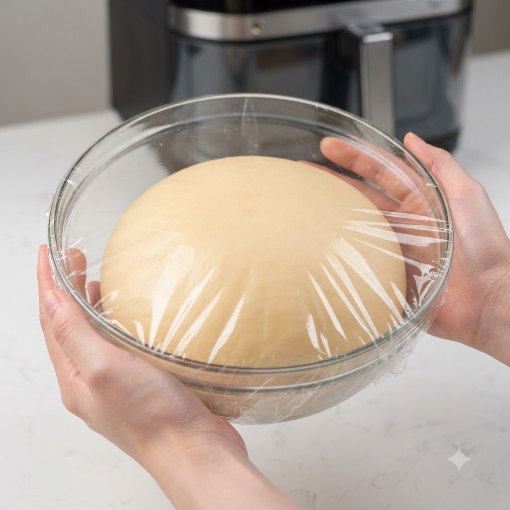 A large round ball of proofed bread dough inside a glass bowl covered with plastic wrap.