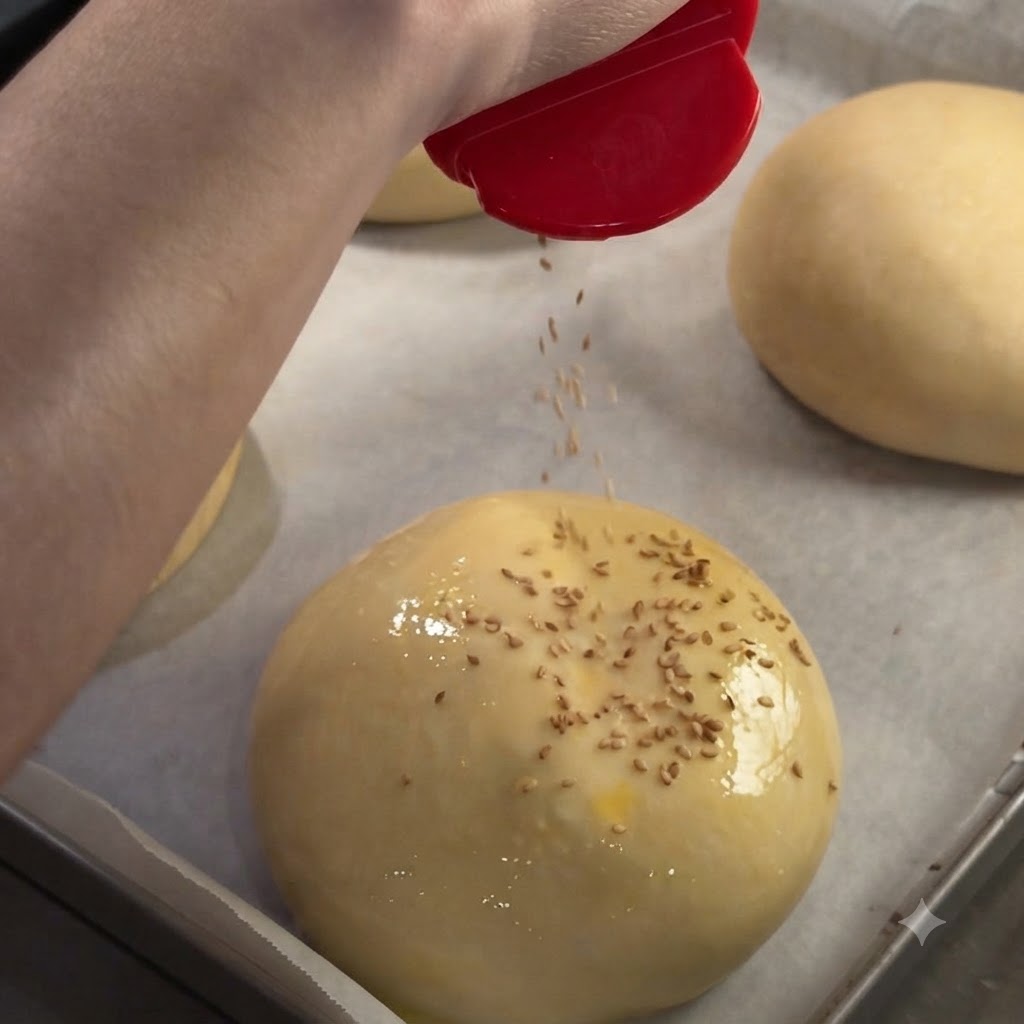 A hand using a red shaker to sprinkle sesame seeds over an egg-washed burger bun on parchment paper.