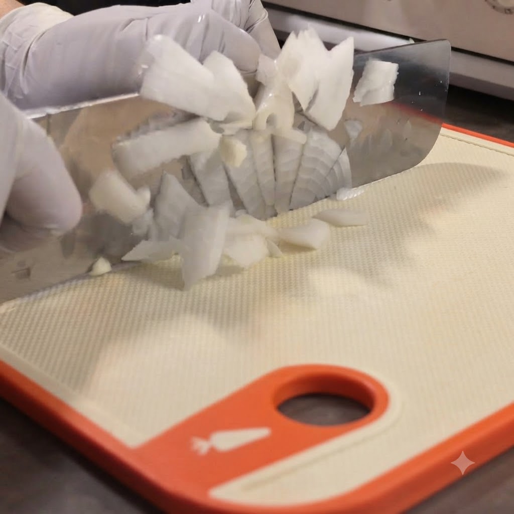 A chef wearing protective gloves using a large knife to dice a white onion on a cutting board.