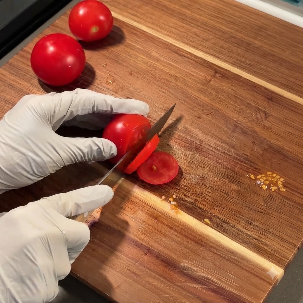 A gloved pair of hands slicing a fresh red tomato into rounds on a wooden cutting board.