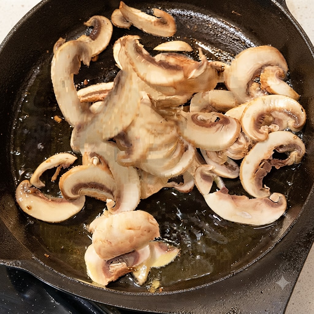 Sliced mushrooms being tossed into a hot oiled skillet to begin cooking.