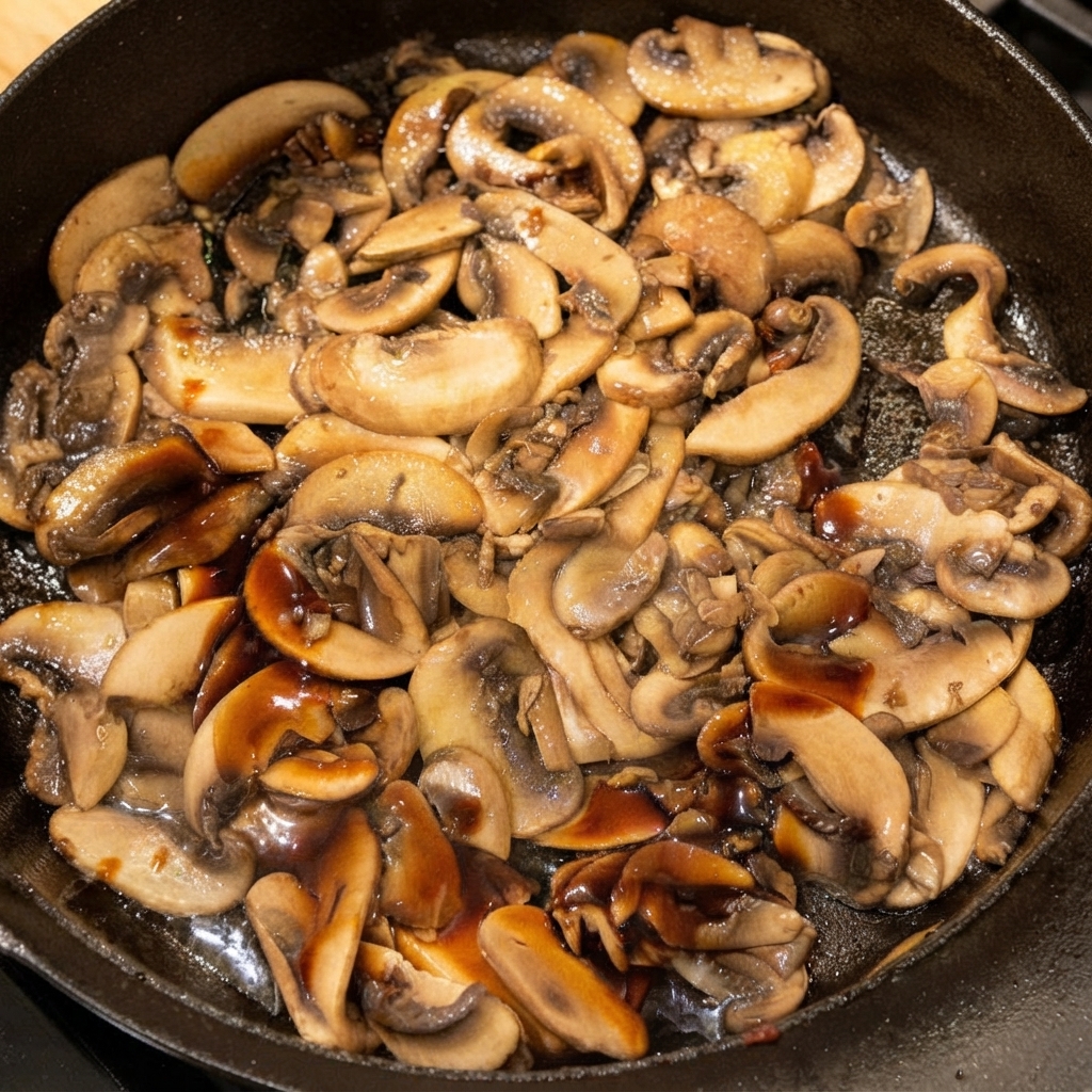 Sliced mushrooms cooking in a cast-iron skillet with dark soy sauce being drizzled over them.