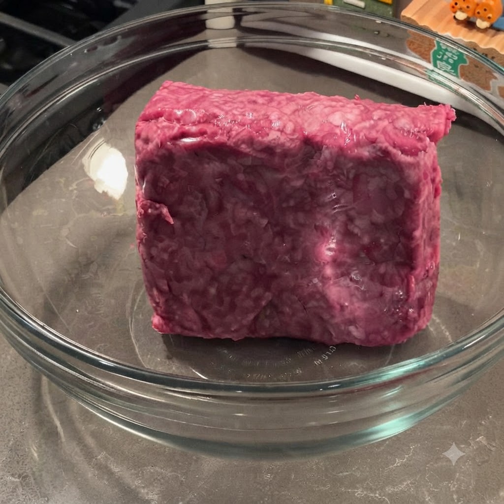 A block of ground beef inside a glass mixing bowl, ready to be combined with seasonings and onions.