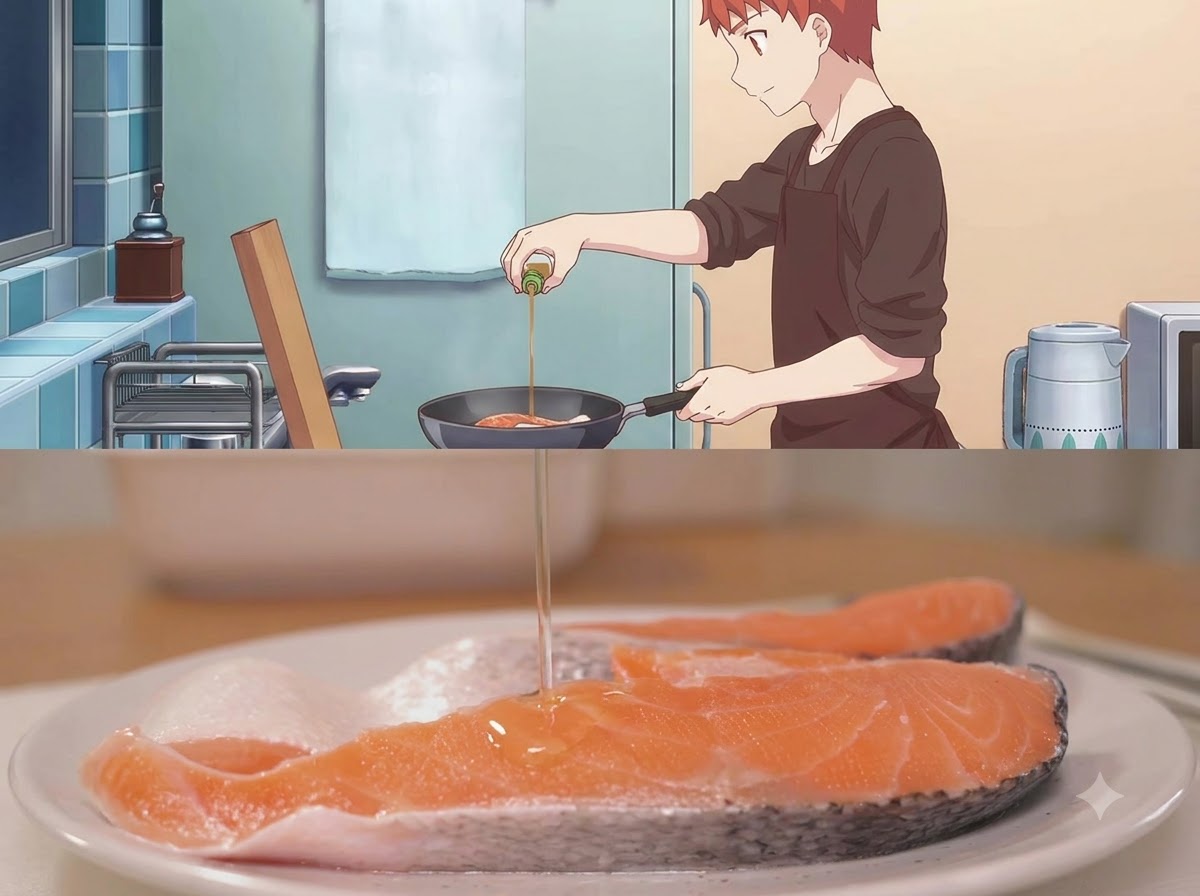 Cooking wine being poured from a small bottle directly onto raw salmon fillets arranged on a plate.