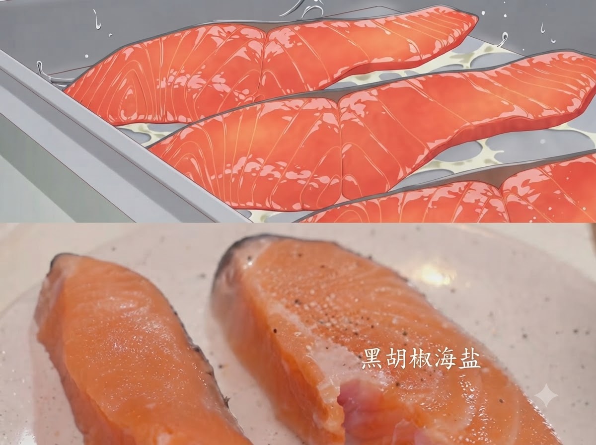 Black pepper and sea salt granules being sprinkled over raw salmon fillets on a white plate.
