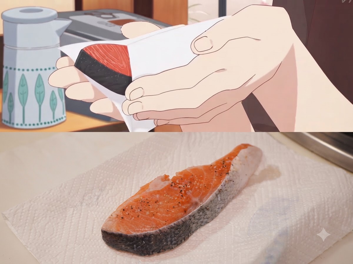 A seasoned salmon fillet being carefully dried with a sheet of white kitchen paper towel.