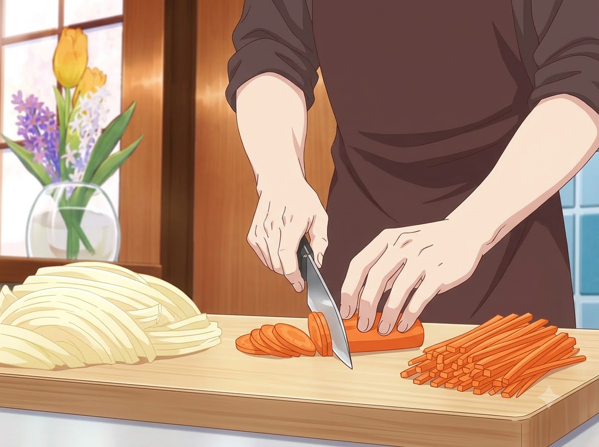 A person slicing carrots into thin strips on a wooden cutting board next to a pile of sliced onions.