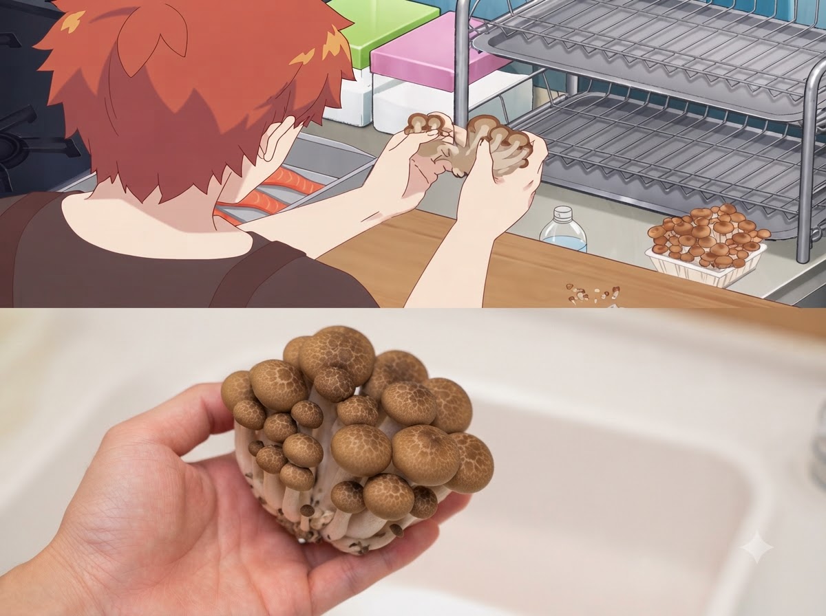 Hands separating a cluster of shimeji mushrooms into smaller pieces.