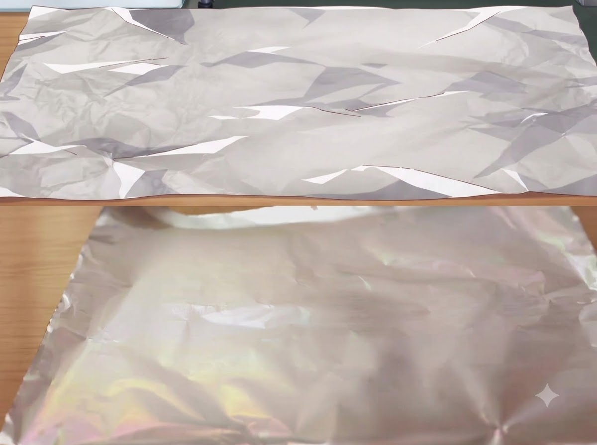 A flat sheet of aluminum foil prepared for assembling the foil-baked dish.