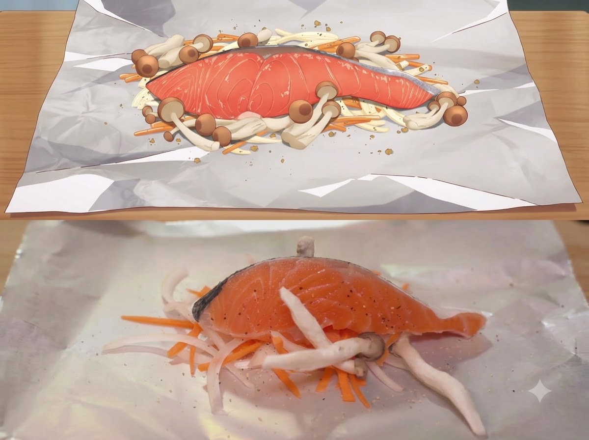 A small pat of butter resting on top of the salmon fillet.