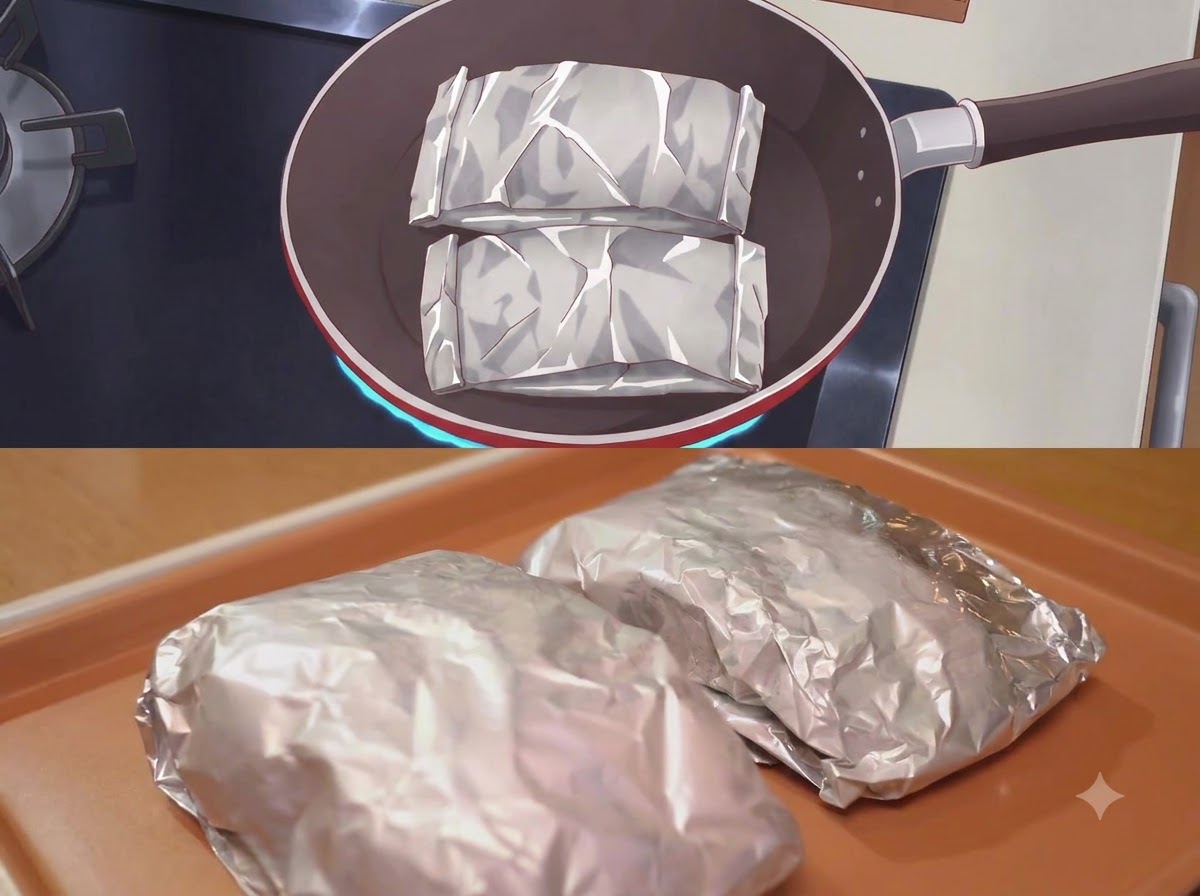 Two foil-wrapped salmon packets resting in a frying pan and on a tray, with ends tightly sealed.