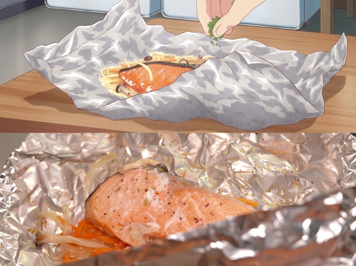 A hand sprinkling chopped green parsley onto a cooked piece of pink salmon resting on foil over cooked vegetables.