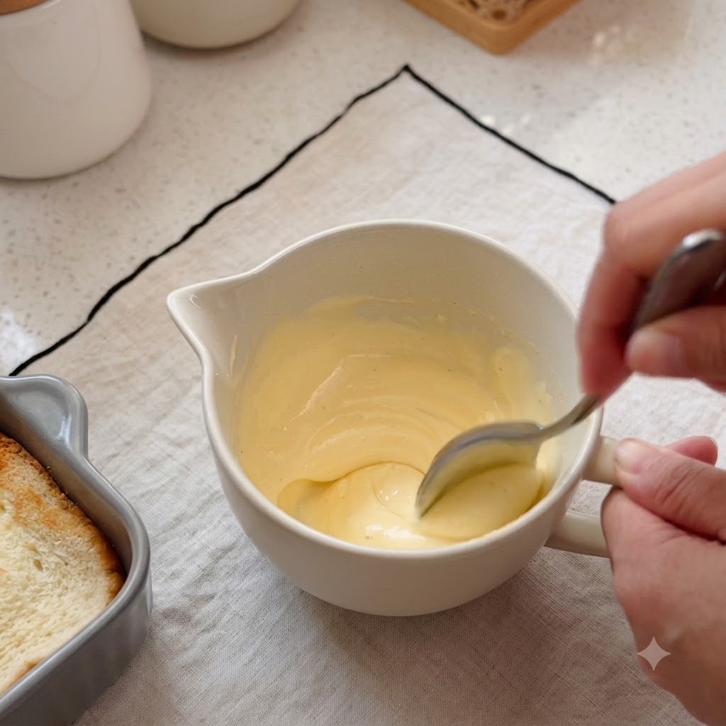 Smooth yellow cheese sauce being stirred with a spoon inside a white ceramic jug.