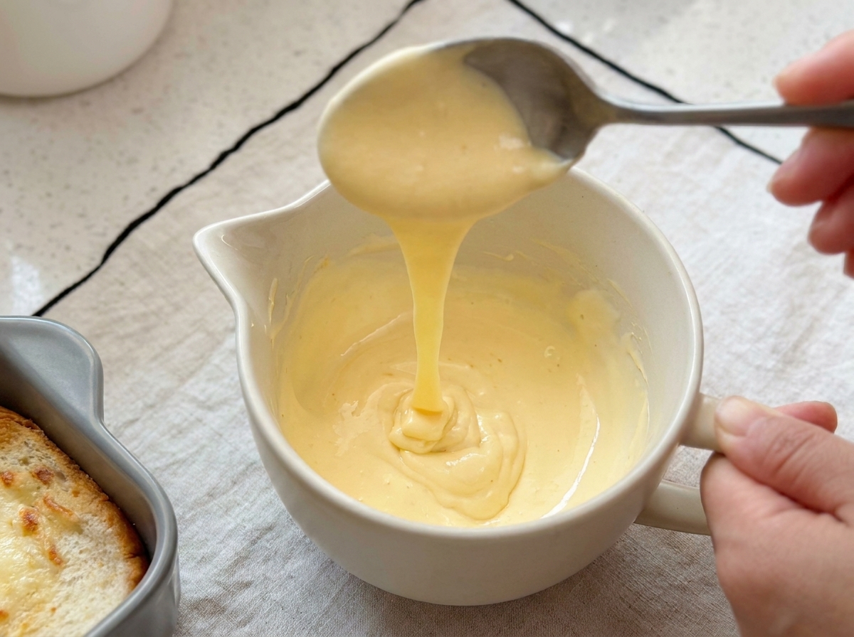 A spoonful of yellow cheese sauce being poured and spread over burger buns in a grey baking dish.