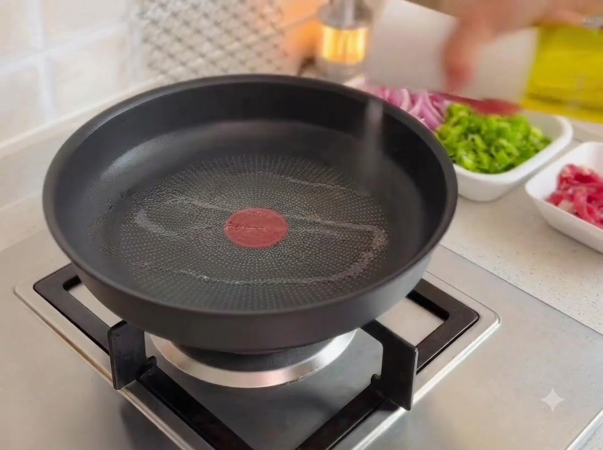 A pan on a gas stove with heated oil ready for stir-frying vegetables.