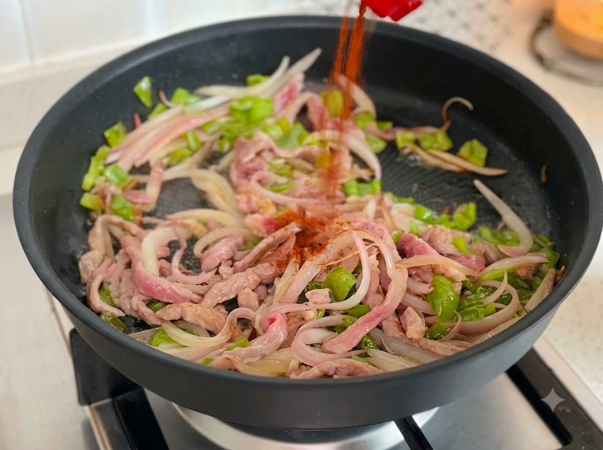 Chili powder being sprinkled from a red container over beef and vegetable mixture in a frying pan.