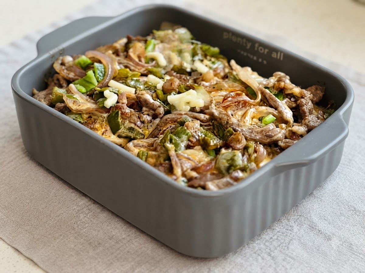 Shredded mozzarella cheese being evenly distributed over the top of the beef and pepper mixture in a grey baking dish.