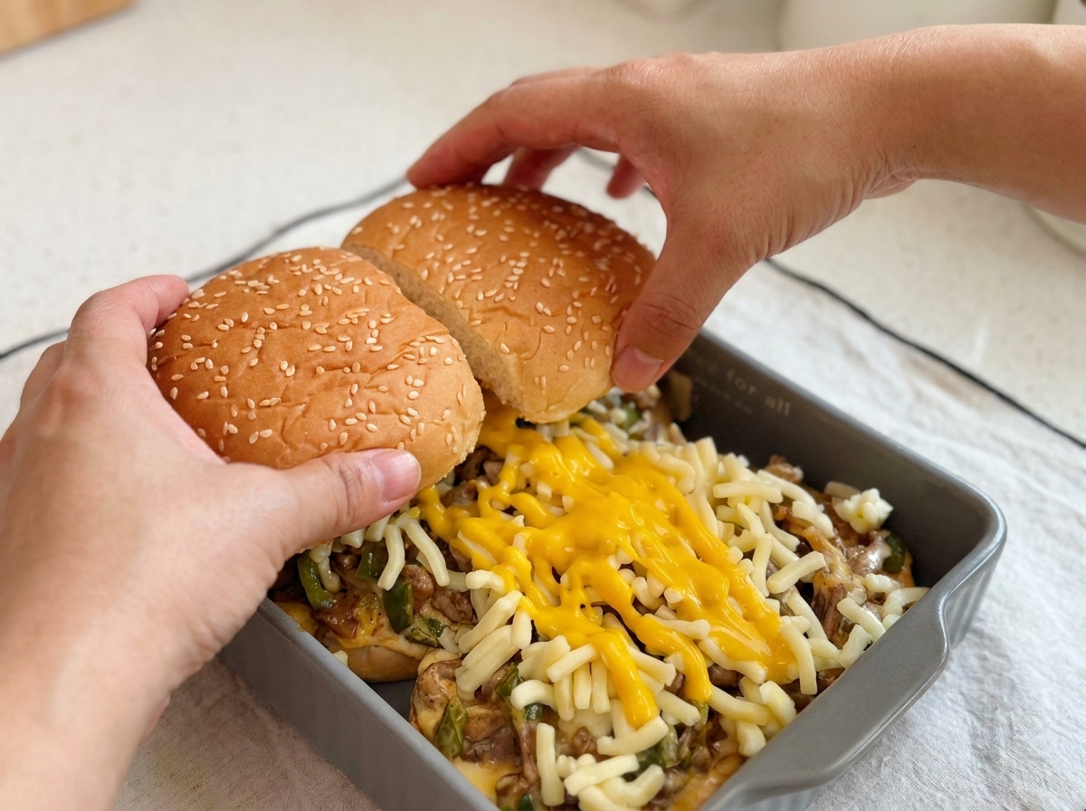 Two hands placing sesame seed burger bun tops over the cheese and beef filling inside a baking dish.