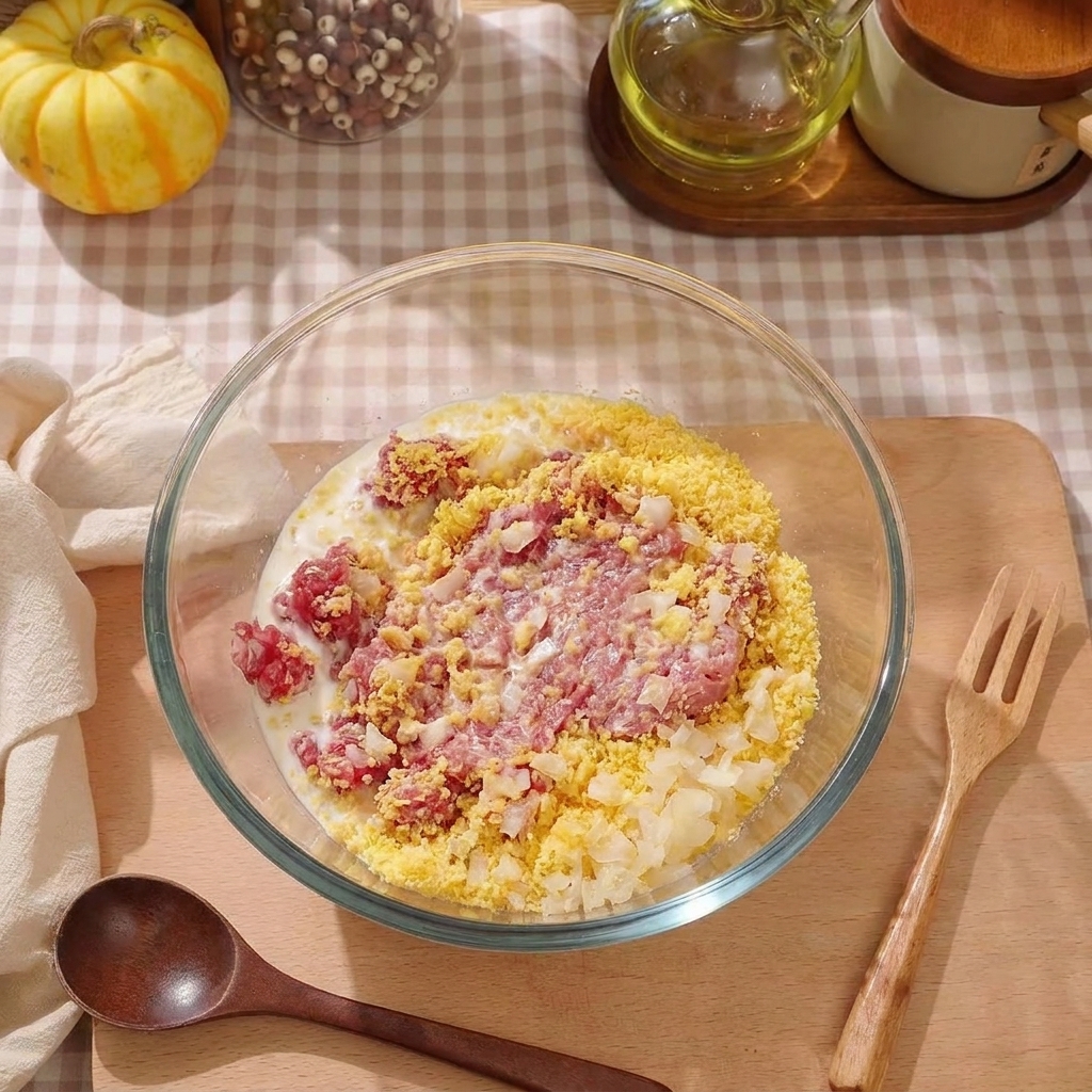 Ground beef, breadcrumbs, sautéed onions, and milk layered in a clear glass bowl ready for mixing.