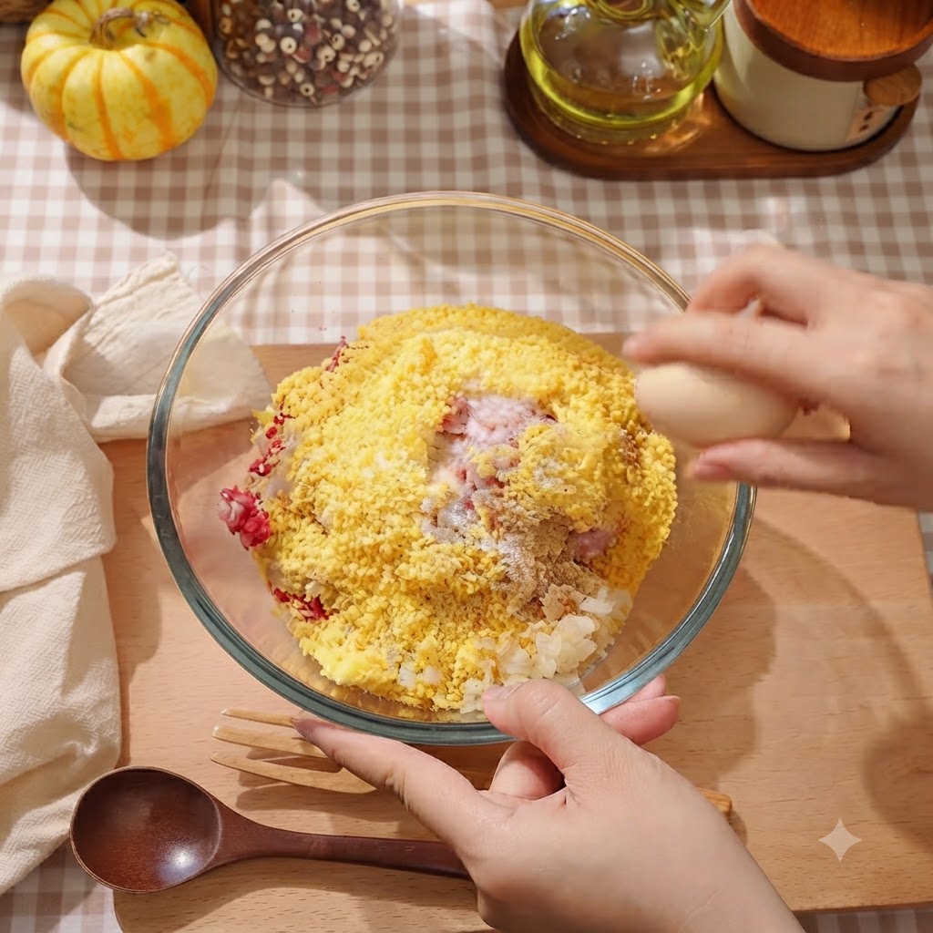 A hand cracking a raw egg over a glass bowl filled with ground beef, breadcrumbs, and seasonings.