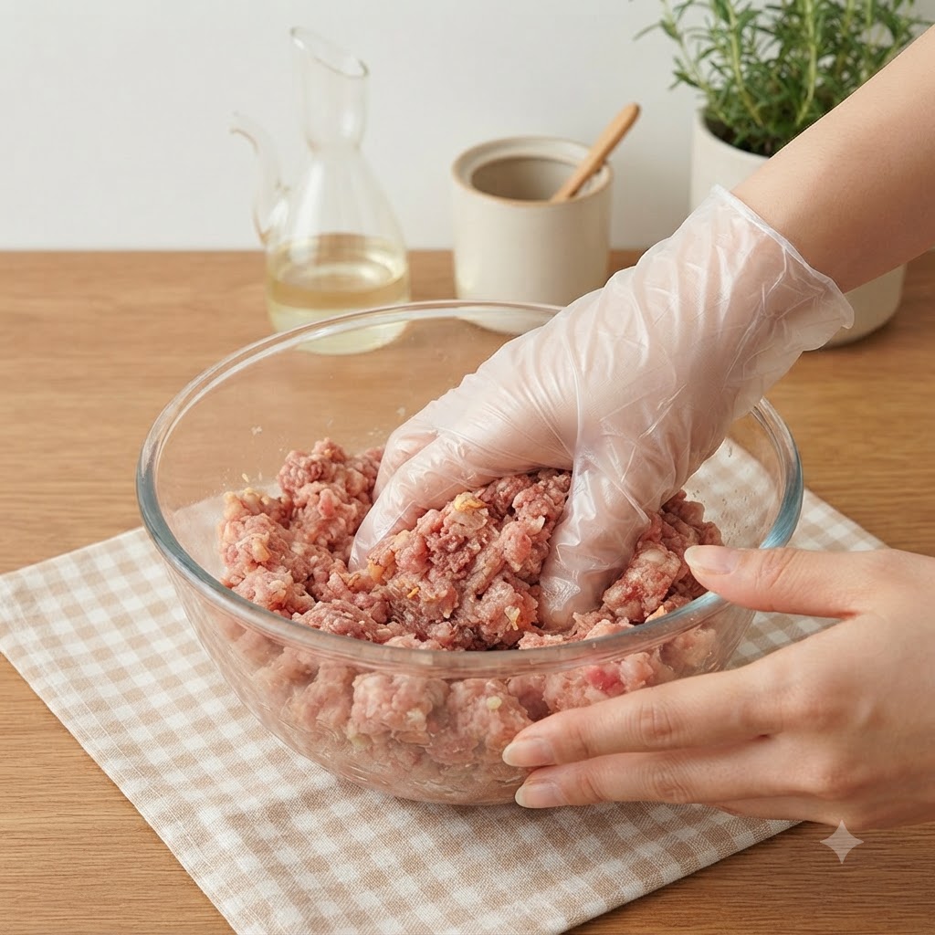 A gloved hand mixing ground beef and other ingredients inside a clear glass bowl.