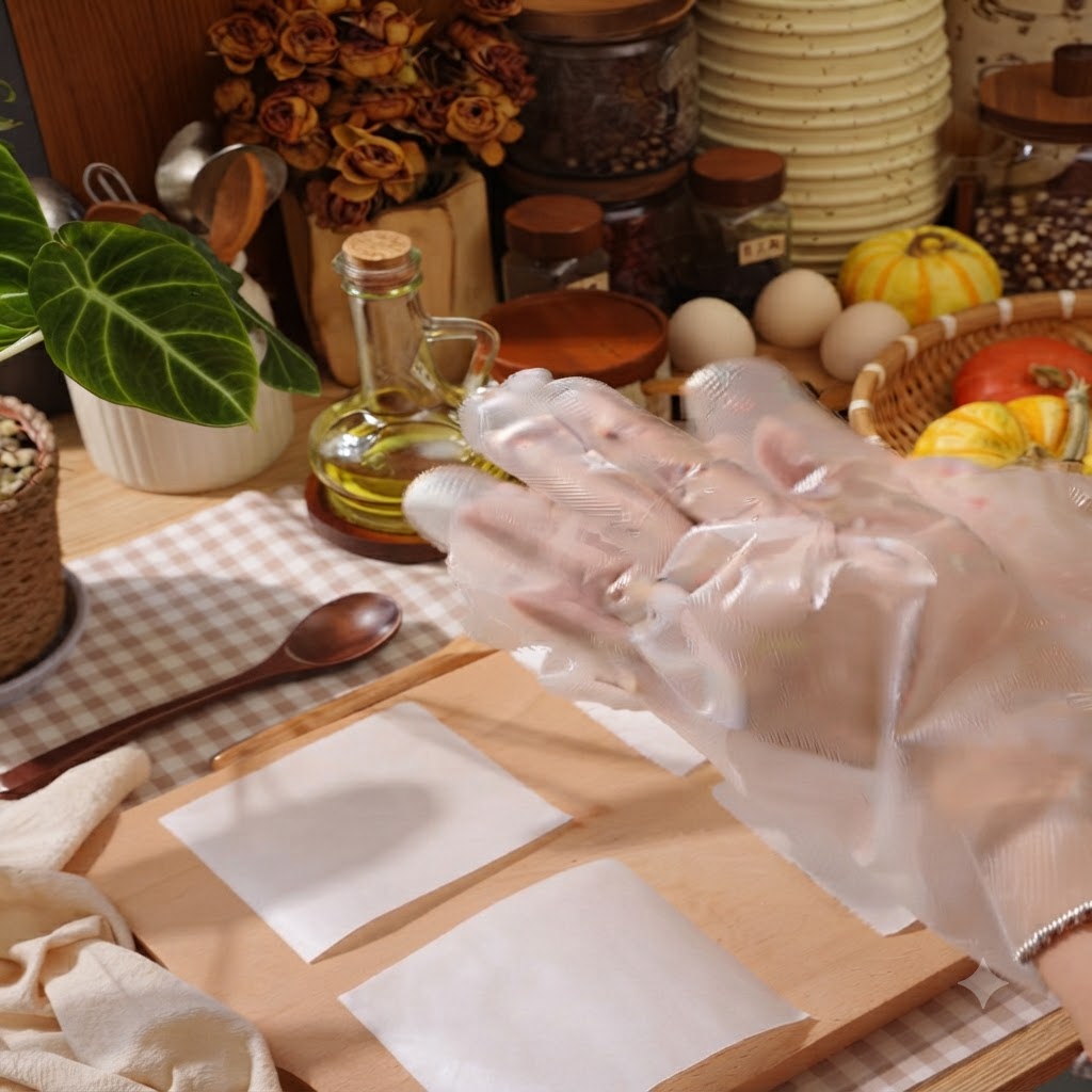 A gloved hand holding pieces of parchment paper on a wooden cutting board while preparing to shape meat patties.