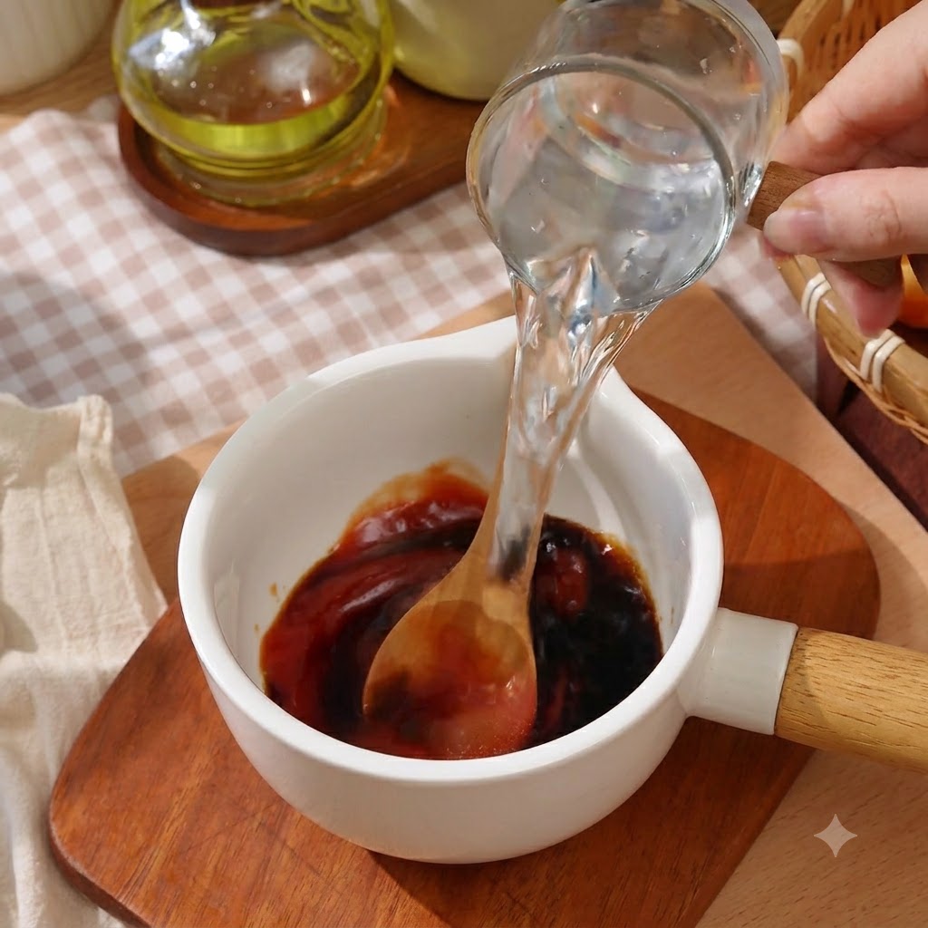 Liquid being poured from a glass cup into a small white pot containing soy sauce and ketchup, stirred with a wooden spoon.