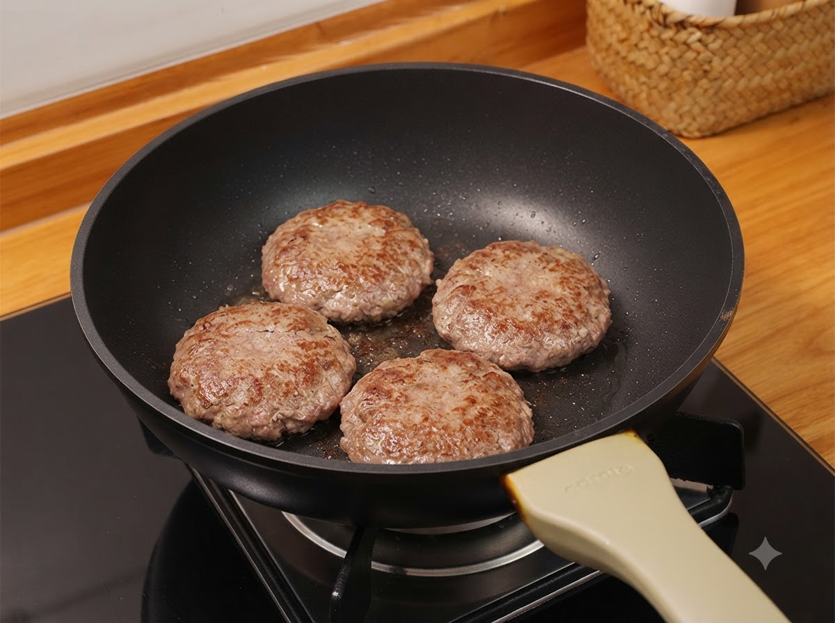 Four thick raw meat patties sizzling in a black frying pan.