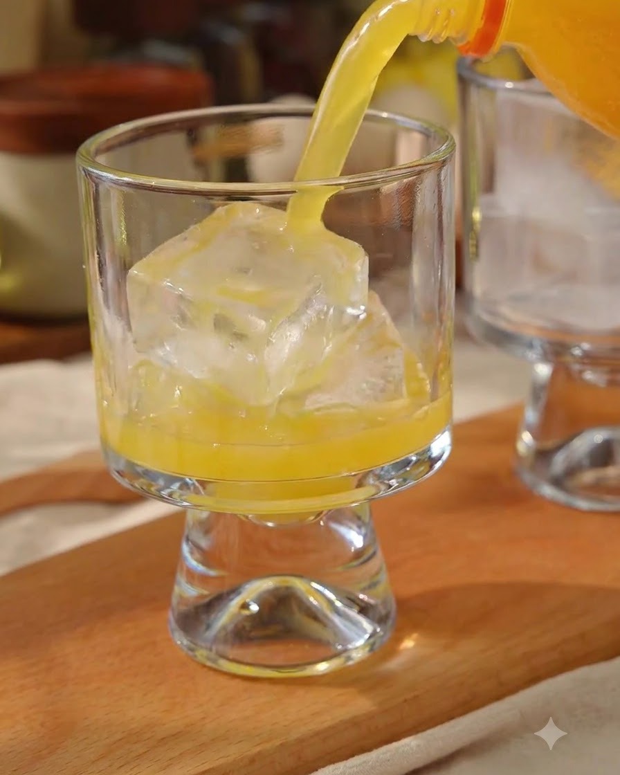 Bright orange juice being poured from a bottle into a decorative glass filled with clear ice cubes.