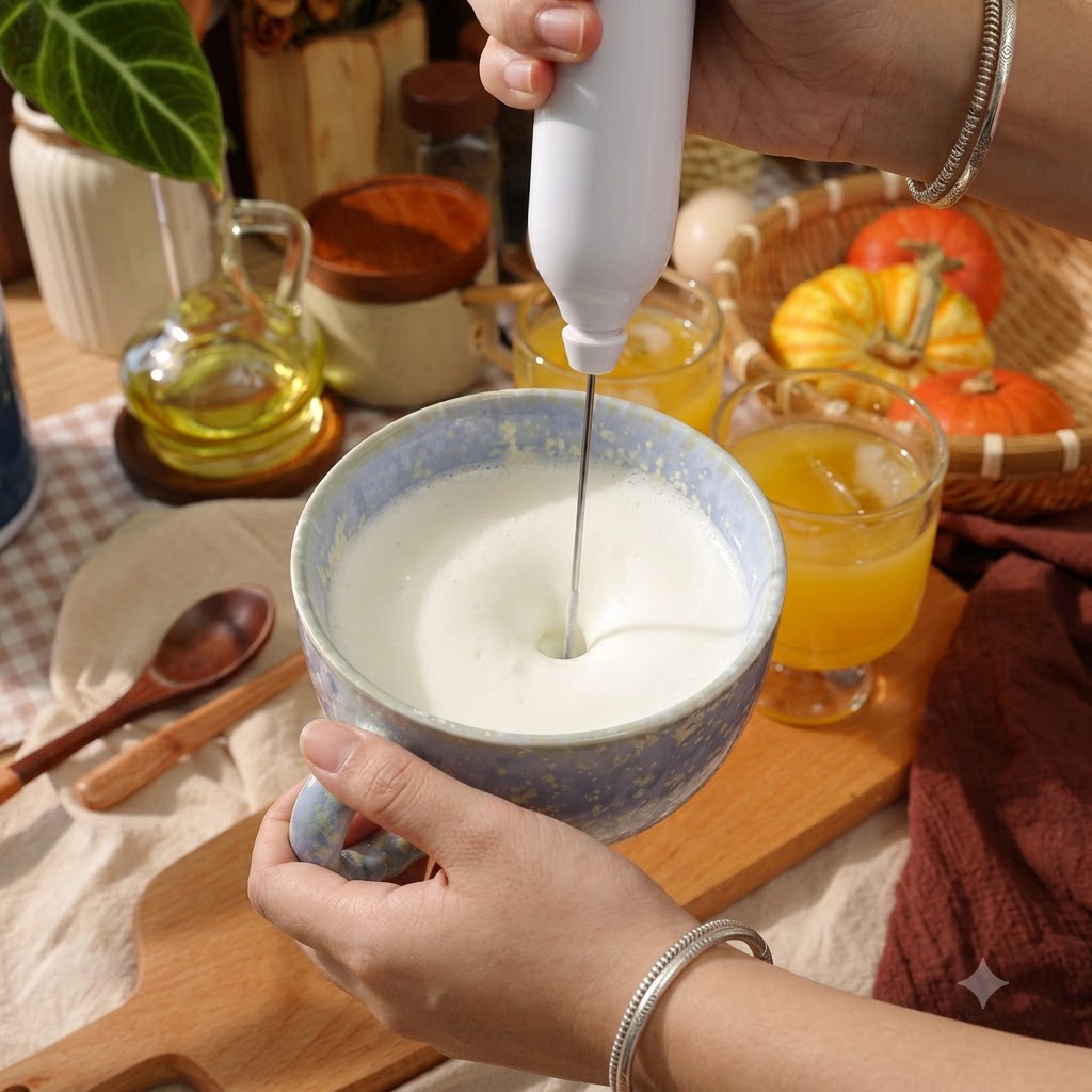 A handheld electric frother whipping milk into a thick, bubbly foam inside a light blue speckled mug.