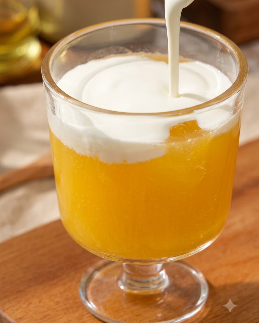 Thick, creamy white milk foam being poured gracefully over bright orange juice in a glass.