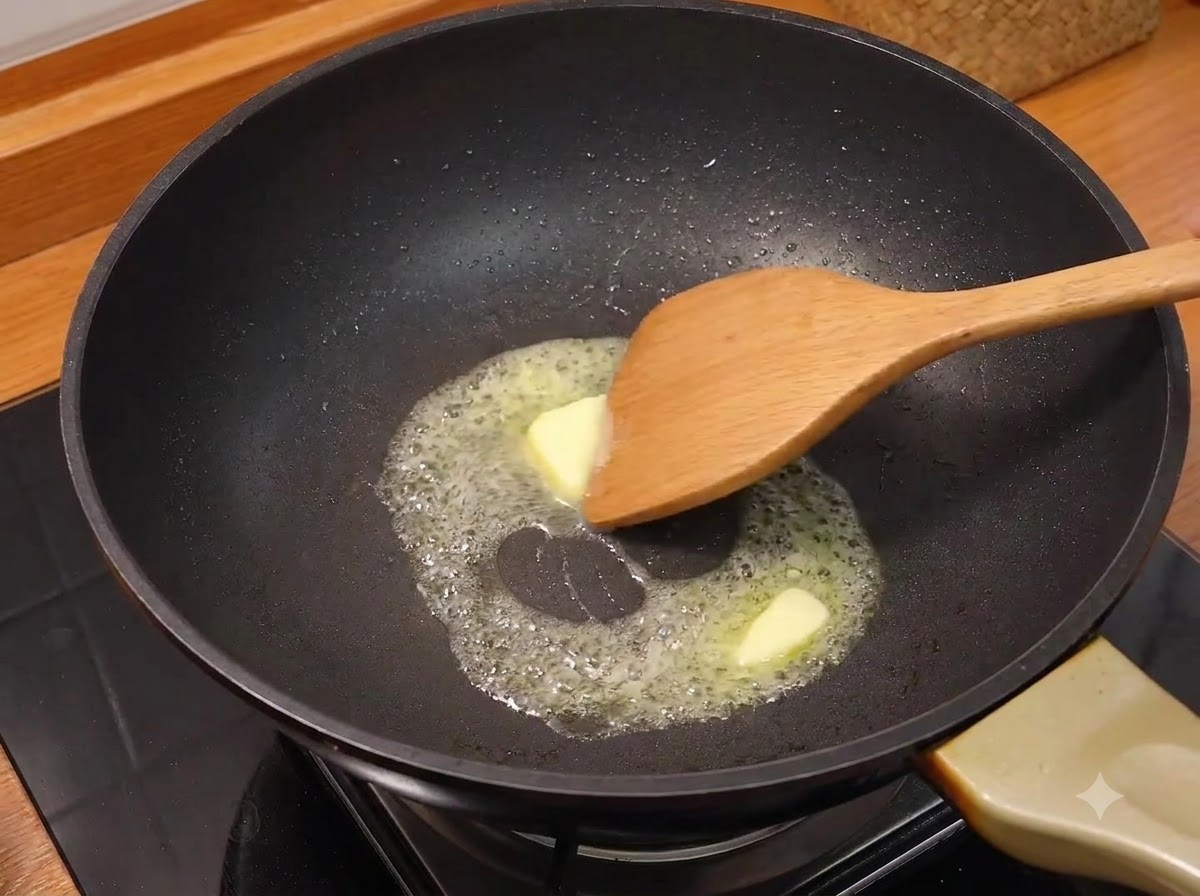 A wooden spatula stirring and melting pieces of butter in a black frying pan.