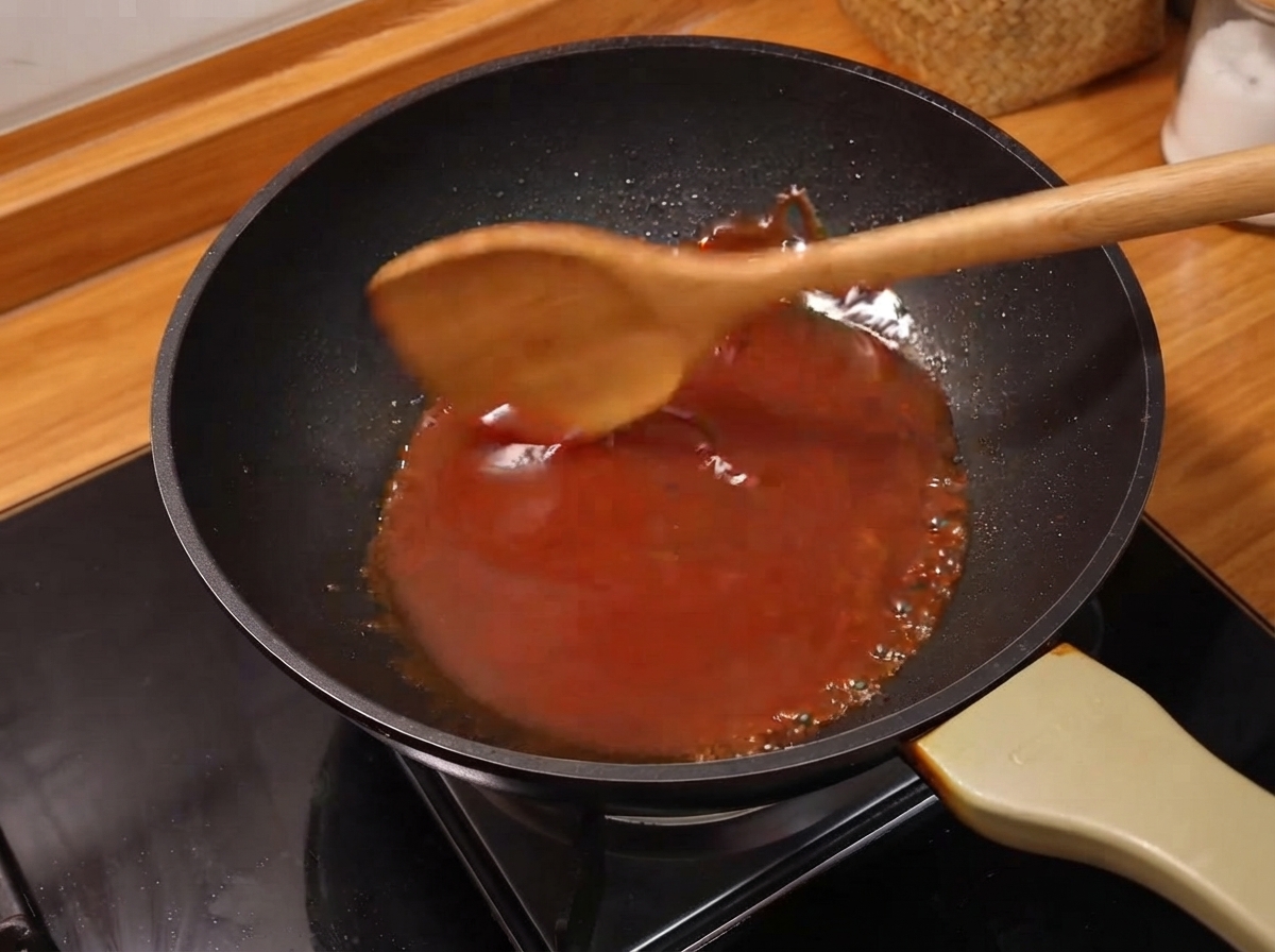 Red sauce being poured into a pan containing melted butter, stirred with a wooden spatula.